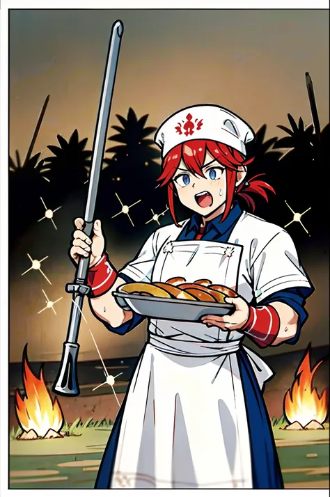 a chef, cooker, cooking, cook master, shouting, fryer in hand, kitchen chef, food flying around, food everywhere, mature, tough, war, war campo, war field, battlefield, on action,  RPG, rpg class, class design, rpg character, rpg game, game character, batt...