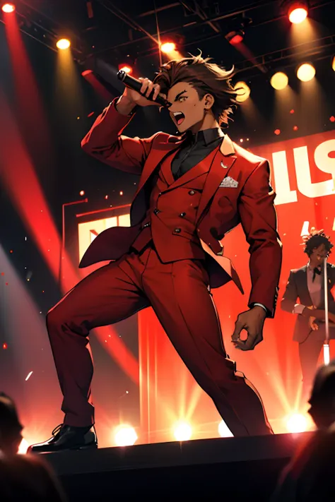 black young man, negro, messy hair, brown hair, jojo pose, show, red suit, lindo, festa, dance, microphone, singing