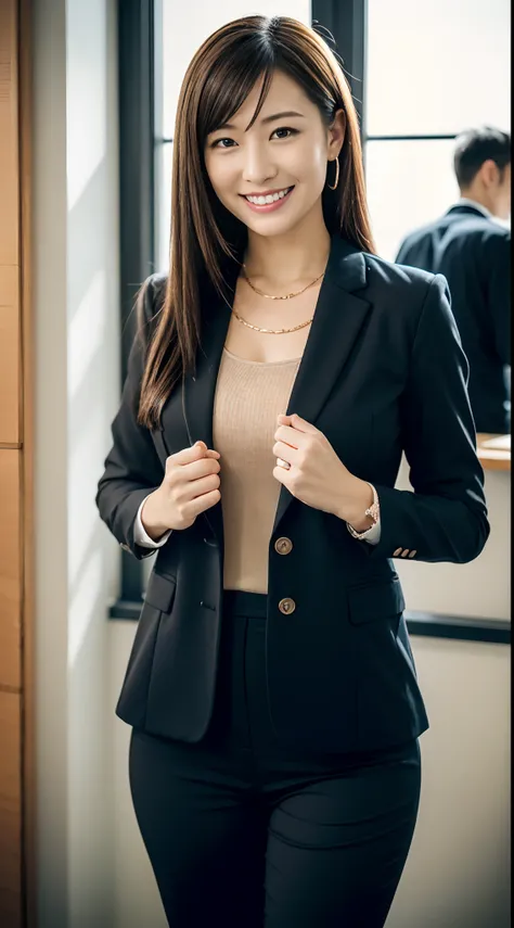 masutepiece, Best Quality, 超A high resolution,(photographrealistic:1.4) (depth of fields),(Lens Glow) , jaket:1.5、Inside the office:1.5、a Pretty Japanese woman:1.5、officeworker、Sexy buttocks:1.5、put hands on the hip:1.5、smil、Tight pants:1.5