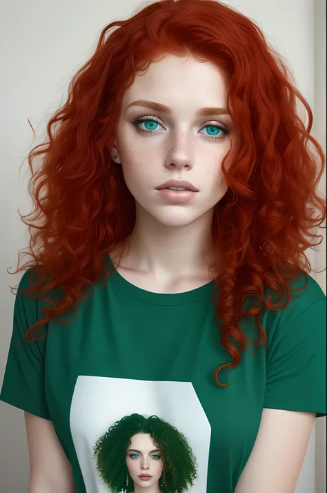 Aesthetic artwork, a woman, red hair, blue eyes, curly hair, freckles on both cheeks, full lips, sympathetic look, fair skin, green t-shirt, black jeans, small build,