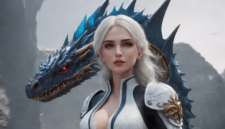 Cirilla Fiona Elen Riannon，Highest image quality，Outstanding details，超高分辨率，（Fidelity：1.4）, Favor the details，closeup cleavage，Ride a dragon，High-tech dragon knight mech，He has a delicate and beautiful face，（（Blue-white flying semi-mechanical fuselage：1.8））...