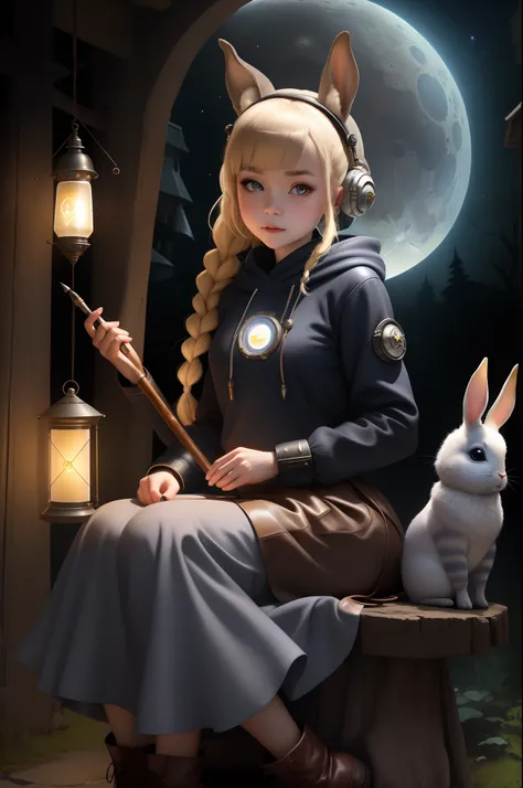 Top image quality、​masterpiece、Norman Rockwells style、Lunar surface、Beautiful fair-skinned girl in long sleeve hoodie、spaces 、Star 3D、The iris is blue、Cute little face、a small face、Light makeup、Two cat ears on the head、blonde hair in braids、tiny chest、Big ...