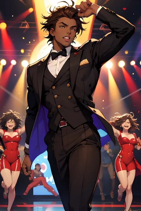 black young man, negro, messy hair, brown hair, jojo pose, show, red suit, lindo, festa, dance, microphone, singing