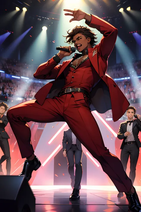 black young man, negro, messy hair, brown hair, jojo pose, show, red suit, lindo, festa, dance, microphone, singing