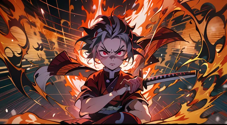 anime boy, short hair, white colored hair, tanjiro kamado hair style, red colored eyes, big body, strong body, anime man body, wearing a red haori, kimetsu no yaiba clothes style, red pants, angry face, holding a katana, combat pose, samurai pose, fire ove...