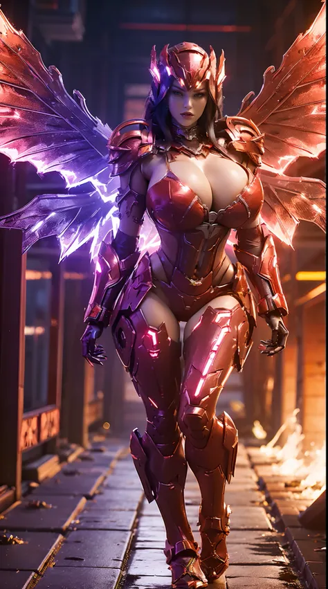 A WOMAN, BEAUTIFULL FACE, HUGE BOOBS, RGB, RED MECHA ARMOR FULL SUIT, (CLEAVAGE), (A PAIR LARGEST WINGS), TRANSPARANT, TALL LEGS, STANDING, SEXY BODY, MUSCLE ABS.