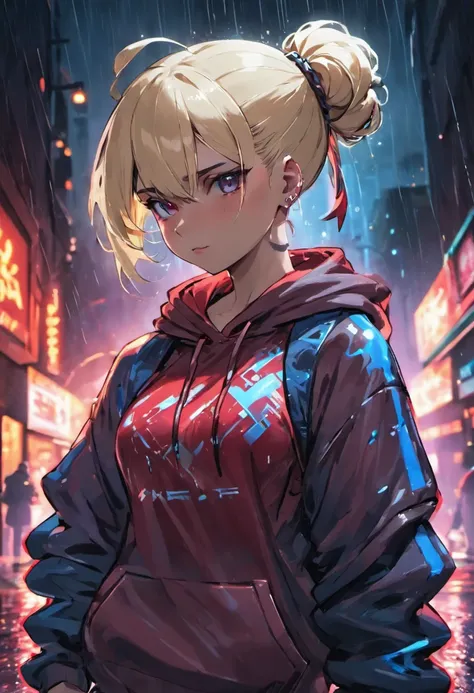 Closeup photograph, confident young cyberpunk woman with blonde and white hair in a bun, wearing a hoodie with red and blue designs on it, in a rain soaked street at night, photorealistic, cinematic lighting