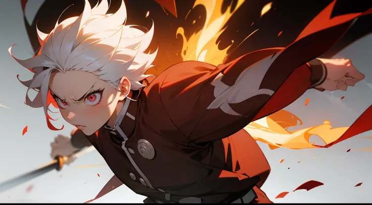 anime boy, short hair, ((white colored hair)), tanjiro kamado hair style, red colored eyes, big body, strong body, anime man body, wearing a red haori, kimetsu no yaiba clothes style, red pants, angry face, holding a katana, combat pose, samurai pose, fire...