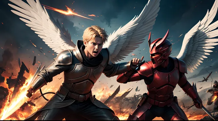 Angel in attack position against a Demon in battle