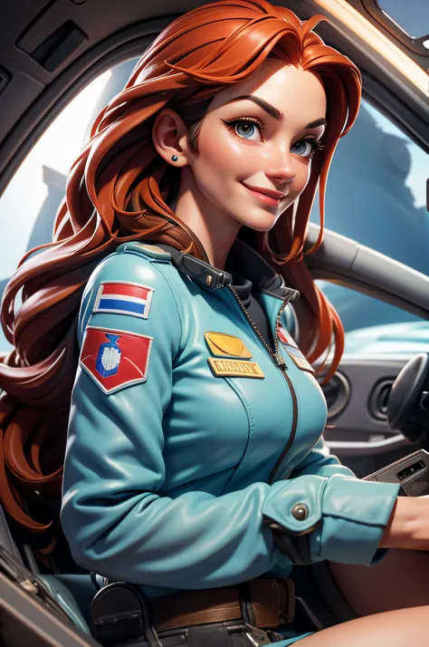 (8k,photoreallistic　photographie RAW　premier quality;1.4) 　(1 femelle mature)　Super beauty　(realistic face)　Mature woman sitting in the cockpit of an Italian fighter jet　Red-haired woman in Italian Air Force pilot costume　Air Force Non-Commissioned Officer...