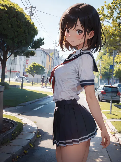 (​masterpiece:2.0), (top-quality:2.0), (ultra mini skirt extremely short length school girl uniform:1.5), (view from the side:1....