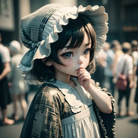 Cute Baby Chibi Anime、(((chibi 3d))) (Best Quality), (masutepiece)、Cosplay,POV,natural soft light,1girl in,独奏, Lolita_Dress、is standing、bonnet、 Large crowds、Cosplay、Blurring、Blurring、blurry backround、NSFW、 insanely detaileda,Gregory Cruiseson、shinkawa youj...