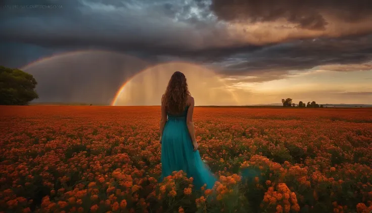 Vasta foto de paisagem, (vista de baixo, The sky is above and the open field is below), a girl standing on a flower field looking up, (lua cheia: 1.2), (meteoro: 0.9), (nebulosa: 1.3), montanhas distantes, Árvores BREAK Crafting Art, (Luz Quente: 1.2), (Va...