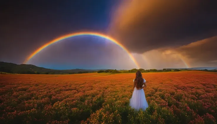 Vasta foto de paisagem, (vista de baixo, The sky is above and the open field is below), a girl standing on a flower field looking up, (lua cheia: 1.2), (meteoro: 0.9), (nebulosa: 1.3), montanhas distantes, Árvores BREAK Crafting Art, (Luz Quente: 1.2), (Va...