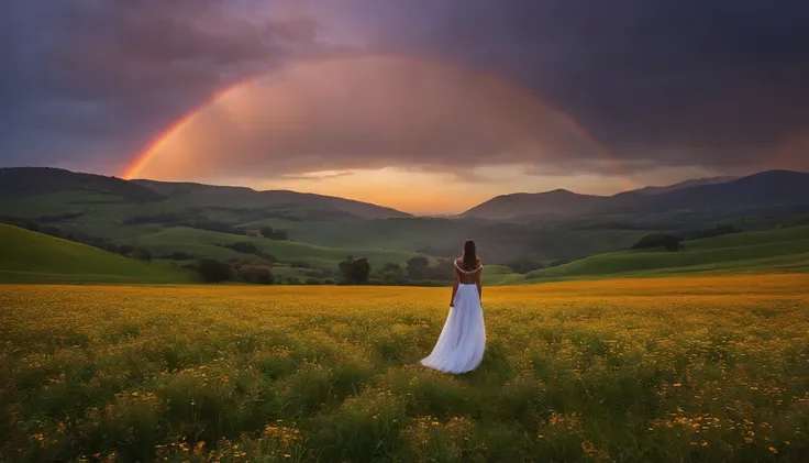 Vasta foto de paisagem, (vista de baixo, The sky is above and the open field is below), a girl standing on a flower field looking up, (lua cheia: 1.2), (meteoro: 0.9), (nebulosa: 1.3), montanhas distantes, Árvores BREAK Crafting Art, (Luz Quente: 1.2), (Va...