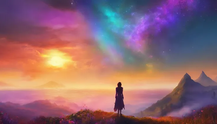 Vasta foto de paisagem, (vista de baixo, The sky is above and the open field is below), a girl standing on a flower field looking up, (lua cheia: 1.2), (meteoro: 0.9), (nebulosa: 1.3), montanhas distantes, Árvores BREAK Crafting Art, (Luz Quente: 1.2), (Va...