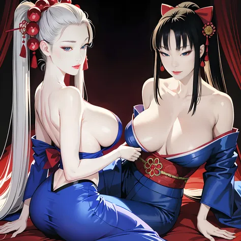 finest image, portrait, Japanese style painting, looking back, female, sexy, beautiful, cute, blue mysterious sharp slit eyes, light silver glossy hair, red alluring moist lips, amorous expression, lewd expression, ecstasy, orgasm, open Japanese kimono, hu...