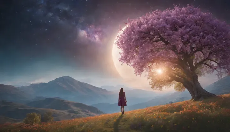 expansive landscape photography, (a bottom view showing the sky above and open country below), a girl standing in a field of flowers looking up, (full moon: 1.2), (shooting stars: 0.9), (nebula : 1.3), distant mountain, BREAK tree production art, (warm lig...