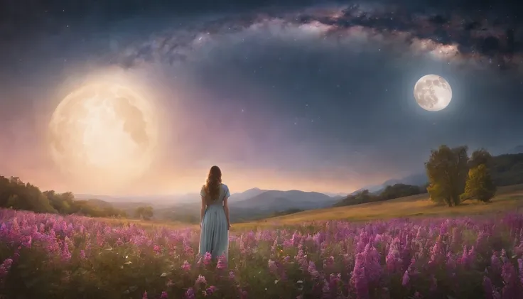 expansive landscape photography, (a bottom view showing the sky above and open country below), a girl standing in a field of flowers looking up, (full moon: 1.2), (shooting stars: 0.9), (nebula : 1.3), distant mountain, BREAK tree production art, (warm lig...