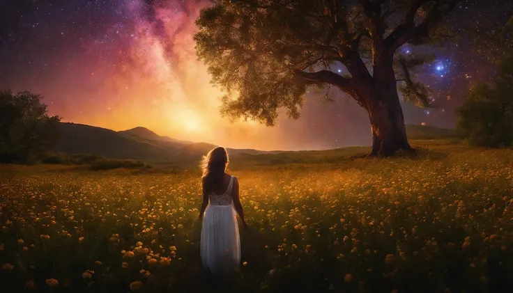 fotografia de paisagem expansiva, (a view from below showing the sky above and the open country below), a girl standing on a flower field looking up, (lua cheia: 1.2), (estrelas cadentes: 0.9), (nebulosa: 1.3), montanha distante, BREAK tree production art,...