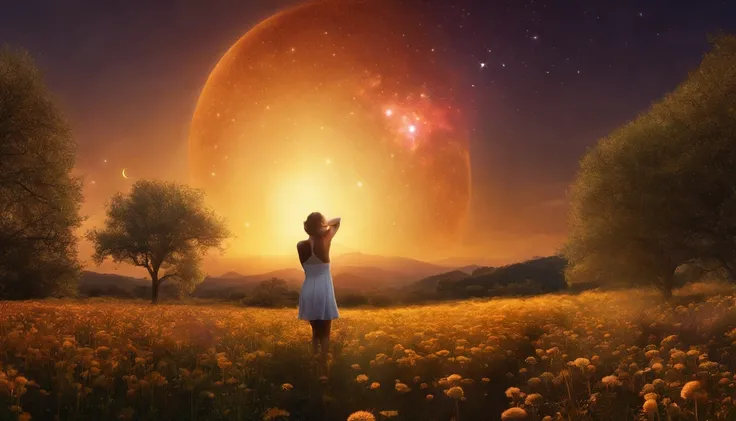 fotografia de paisagem expansiva, (a view from below showing the sky above and the open country below), a girl standing on a flower field looking up, (lua cheia: 1.2), (estrelas cadentes: 0.9), (nebulosa: 1.3), montanha distante, BREAK tree production art,...