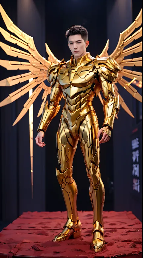 A MAN, HANDSOME FACE, GOLD DRAGON, MECHA ARMOR FULL SUIT, (A PAIR LARGEST WINGS), TRANSPARANT, TALL LEGS, STANDING, MUSCULAR BODY.