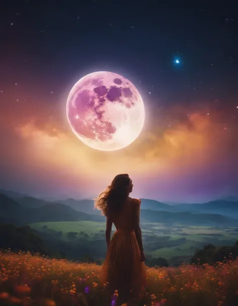 Vast landscape photo, (viewed from below, the sky is above and the open field is below), a girl standing on a flower field looking up, (full moon: 1.2), (meteor: 0.9), (nebula: 1.3), distant mountains , Trees BREAK Crafting Art, (Warm Light: 1.2), (Firefli...