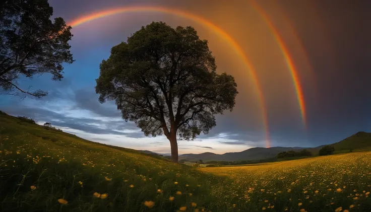 Vasta foto de paisagem, (vista de baixo, The sky is above and the open field is below), a girl standing on a flower field looking up, (lua cheia: 1.2), (meteoro: 0.9), (nebulosa: 1.3), montanhas distantes, Árvores BREAK Crafting Art, (Luz Quente: 1.2), (Va...