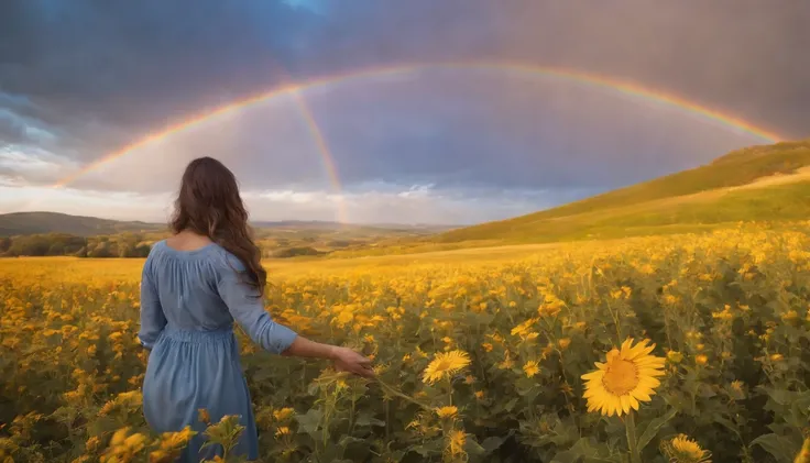 Vasta foto de paisagem, (vista de baixo, The sky is above and the open field is below), a girl standing on a flower field looking up, (lua cheia: 1.2), (meteoro: 0.9), (nebulosa: 1.3), montanhas distantes, Árvores BREAK Crafting Art, (Luz Quente: 1.2), (Va...