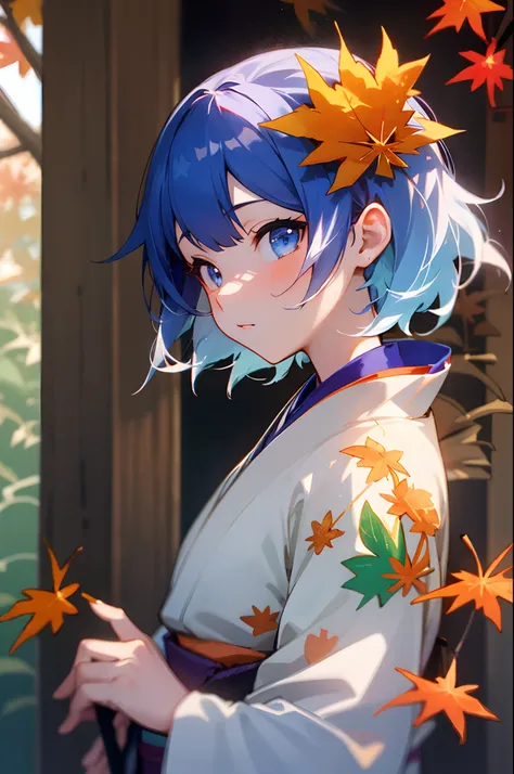 ((masutepiece,Best Quality)),1girl in, Hair short like a boy、Dark blue hair、Light blue hair band:1.2、Blue eyes, Blurry background, branch, Dappled sunlight, flower, From Side, Hair Flower, Hair Ornament, Komono, Kimono, fronds, (Maple leaf:1.9), Obi, Outdo...