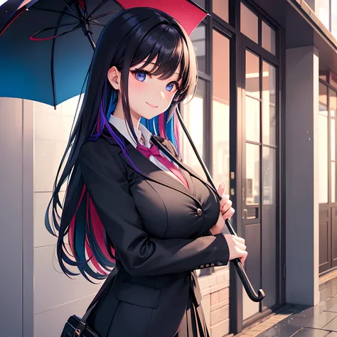 hi-school girl，校服、Black Blazer，Beautiful girl with umbrella，girl with，a smile，under the rain，top-quality，huge tit，超A high resolution，​masterpiece，Multicolored hair，Beautiful Beautiful Girl，Perfect facial features，