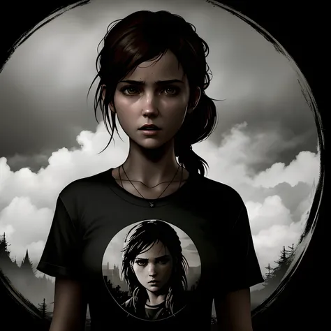 ((best quality)), ((Realistic T-Shirt Design)), ((Round Design)), ((Centered Art)), ((2D Vector)), Gothic Atmosphere, Ellie from The Last Of Us Game  A realistic t-shirt design with a round shape, featuring a centered 2D vector art of Ellie from The Last O...