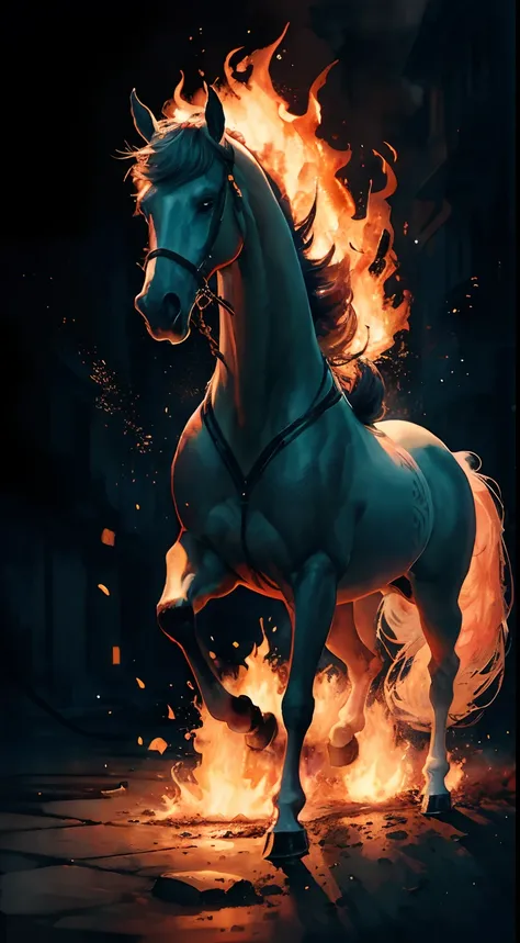 Watercolor illustration, A fire horse standing on its hind legs, Beautiful artworks, (Best quality, 8k), Ultra-detailed, realistic, vivid colors, Studio lighting, Bokeh