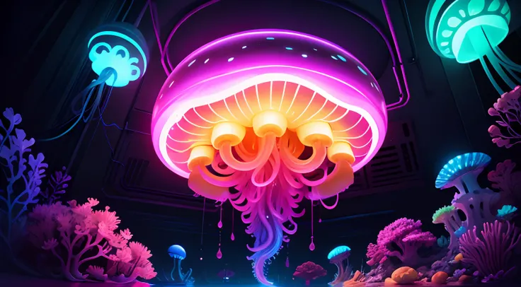 Deep under sea, alien jelly fish, neon Lights