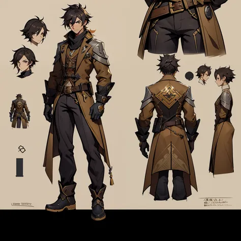 close-up of a man in a gun costume, ((character concept art)), ((character design sheet, same character, front, side, back)) map...