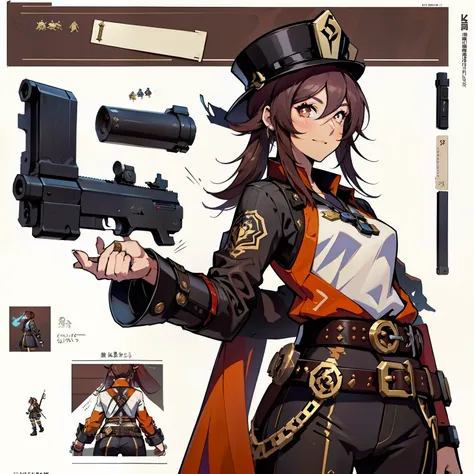 close-up of a girl in a gun costume, ((character concept art)), ((character design sheet, same character, front, side, back)) ma...