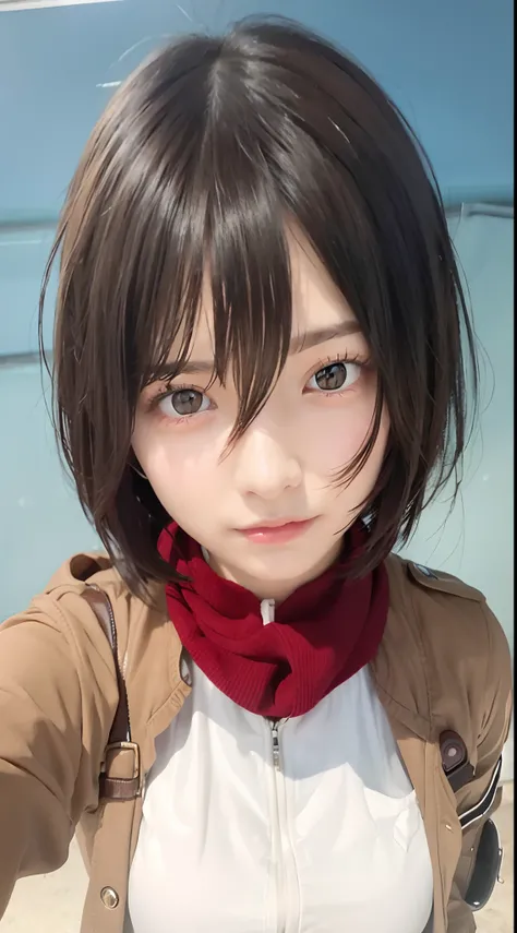 1girl, Mikasa Ackerman, brown jacket, short hair, black hair, realistic, ultra detail, 70mmlens