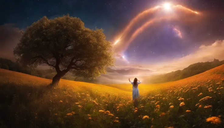 fotografia de paisagem expansiva, (a view from below showing the sky above and the open country below), a girl standing on a flower field looking up, (lua cheia: 1.2), (estrelas cadentes: 0.9), (nebulosa: 1.3), montanha distante, BREAK tree production art,...