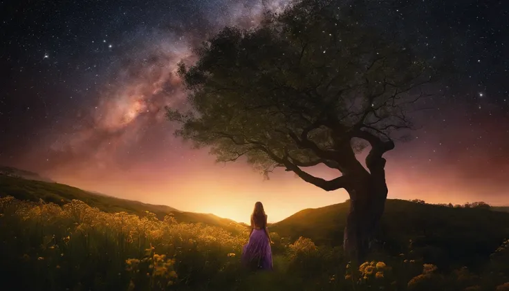 fotografia de paisagem expansiva, (a view from below showing the sky above and the open country below), a girl standing on a flower field looking up, (lua cheia: 1.2), (estrelas cadentes: 0.9), (nebulosa: 1.3), montanha distante, BREAK tree production art,...