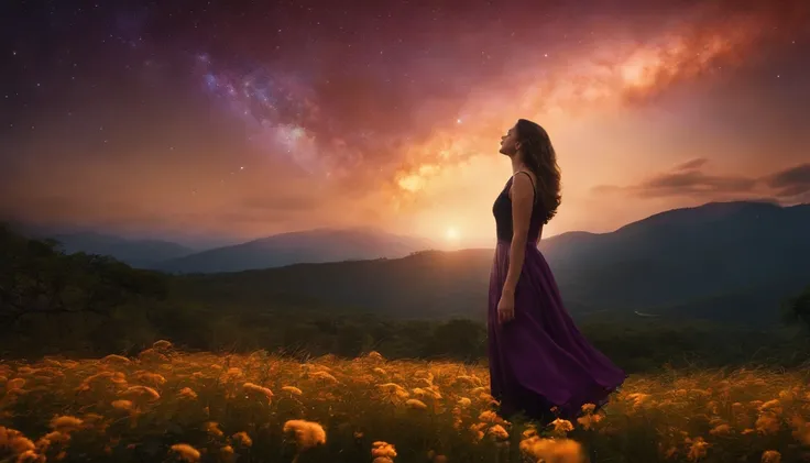 fotografia de paisagem expansiva, (a view from below showing the sky above and the open country below), a girl standing on a flower field looking up, (lua cheia: 1.2), (estrelas cadentes: 0.9), (nebulosa: 1.3), montanha distante, BREAK tree production art,...