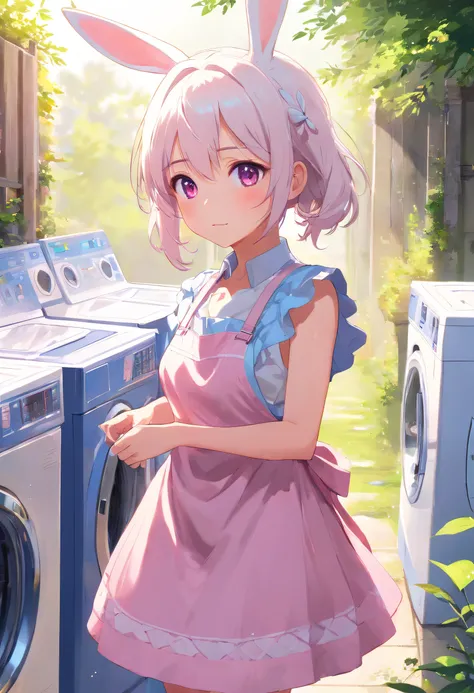 Rabbit-eared girl in white dress standing in garden, white  hair、silber hair、Sleeveless，(((Hang the laundry to dry)))、(((pink apron)))、Holding a laundry basket，loli in dress, small curvy loli, artwork in the style of guweiz, guweiz on pixiv artstation, guw...