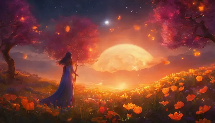 fotografia de paisagem expansiva, (a view from below showing the sky above and the open country below), a girl standing on a flower field looking up, (lua cheia: 1.2), (estrelas cadentes: 0.9), (nebulosa: 1.3), montanha distante, BREAK tree production art,...