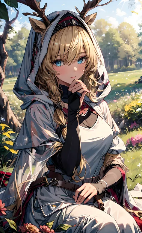 "(Best quality, Masterpiece:1.2), 1 girl with long blonde hair sitting in a field of green trees and flowers, her hand under her chin, Warm lighting, White dress, blurryforeground"