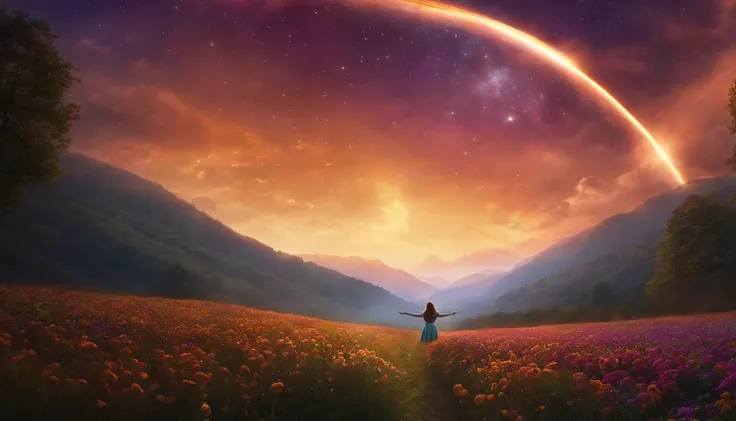 A wide landscape photo, (viewed from below, the sky is above, and the open field is below), a girl standing on a flower field looking up, (full moon: 1.2), (meteor: 0.9), (nebula: 1.3), distant mountains , Trees BREAK Crafting Art, (Warm Light: 1.2), (Fire...