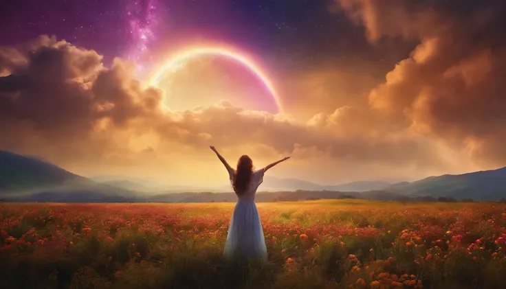 A wide landscape photo, (viewed from below, the sky is above, and the open field is below), a girl standing on a flower field looking up, (full moon: 1.2), (meteor: 0.9), (nebula: 1.3), distant mountains , Trees BREAK Crafting Art, (Warm Light: 1.2), (Fire...