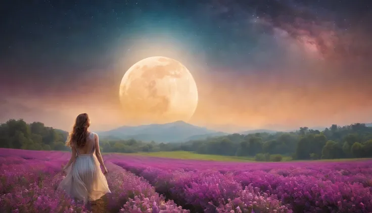 A wide landscape photo, (viewed from below, the sky is above, and the open field is below), a girl standing on a flower field looking up, (full moon: 1.2), (meteor: 0.9), (nebula: 1.3), distant mountains , Trees BREAK Crafting Art, (Warm Light: 1.2), (Fire...