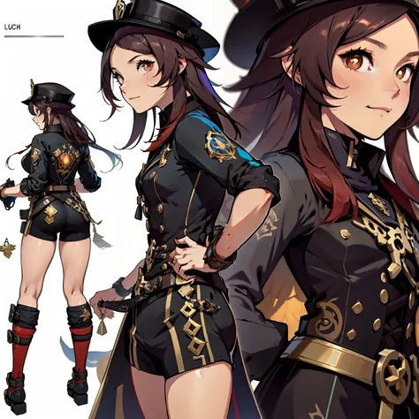 close-up of a girl in a gun costume, ((character concept art)), ((character design sheet, same character, front, side, back)) ma...