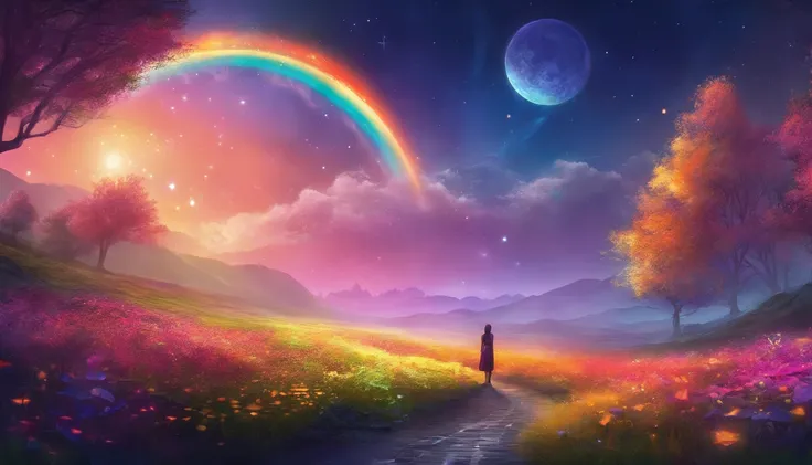 A wide landscape photo, (viewed from below, the sky is above, and the open field is below), a girl standing on a flower field looking up, (full moon: 1.2), (meteor: 0.9), (nebula: 1.3), distant mountains , Trees BREAK Crafting Art, (Warm Light: 1.2), (Fire...