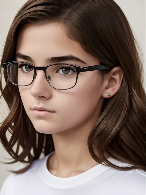 Realistic photo of a 16-year-old girl of European appearance; thick brown hair below the shoulder blades, slightly curly from medium length;;;, Large shiny dark brown eyes, long eyelashes, eyeglasses(Natural glare of glasses), thick eyebrows, Serious, хмур...