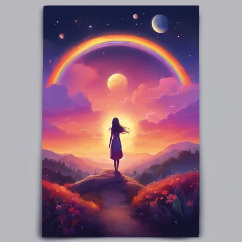 A wide landscape photo, (viewed from below, the sky is above, and the open field is below), a girl standing on a flower field looking up, (full moon: 1.2), (meteor: 0.9), (nebula: 1.3), distant mountains , Trees BREAK Crafting Art, (Warm Light: 1.2), (Fire...